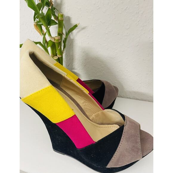 Pre-Owned Alba Color Black Yellow 5" High Heel Open Toe Wedges SZ 6 Disco - Picture 7 of 8